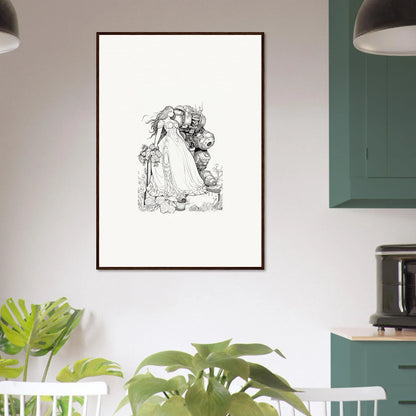 Framed black and white sketch of a figure in a flowing dress for elegant room decor