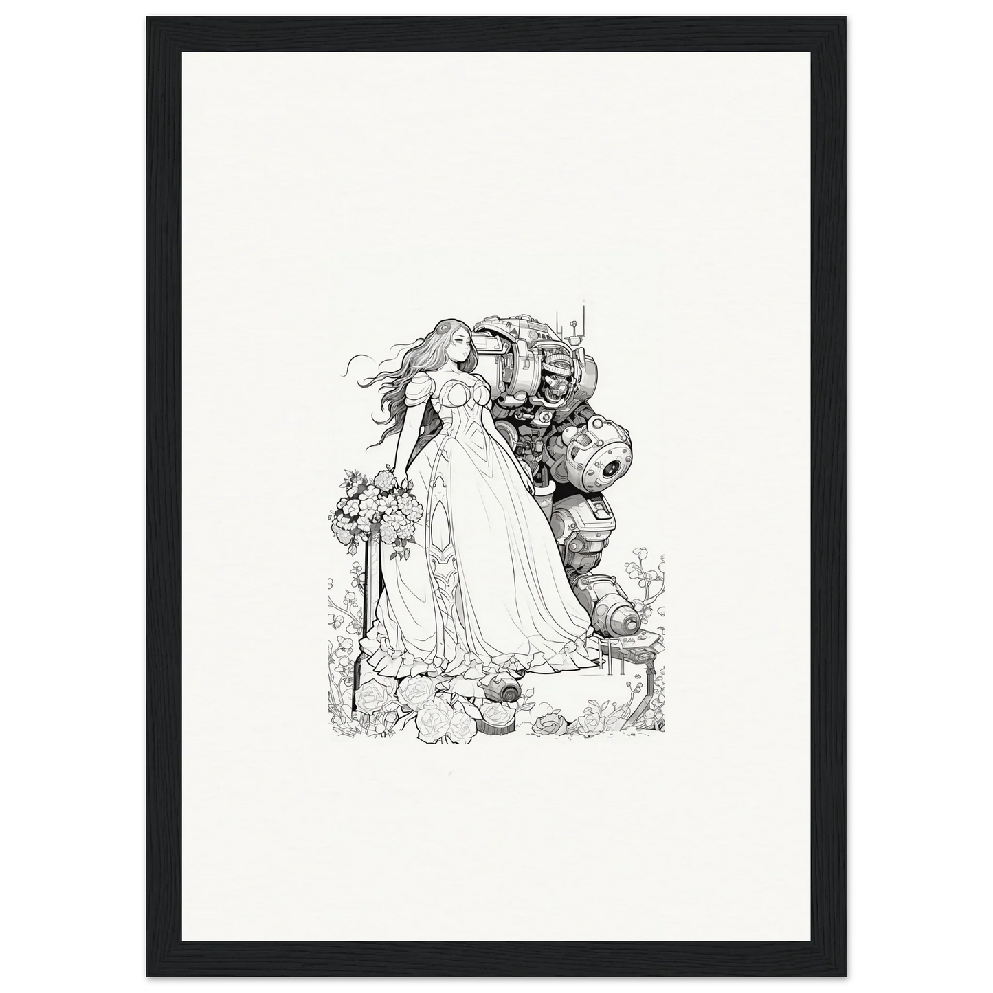 Black and white sketch of a princess and beast for whimsical room decor or canvas prints