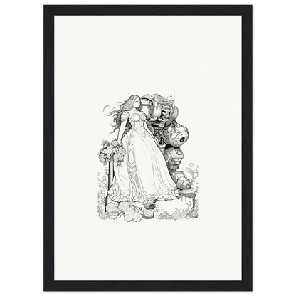 Black and white sketch of a princess and beast for whimsical room decor or canvas prints