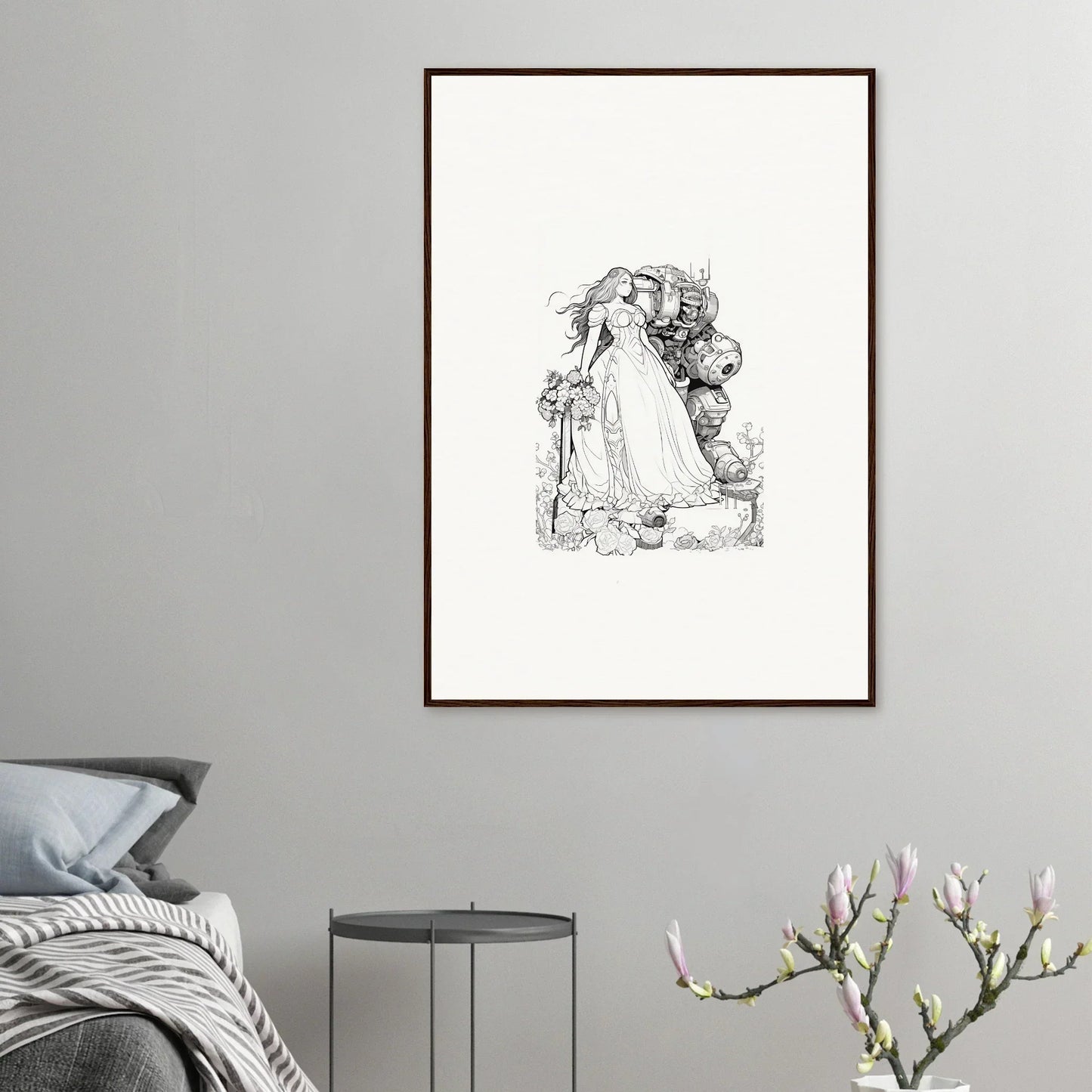 Framed wall art of a bride and groom embracing, perfect for romantic room decor