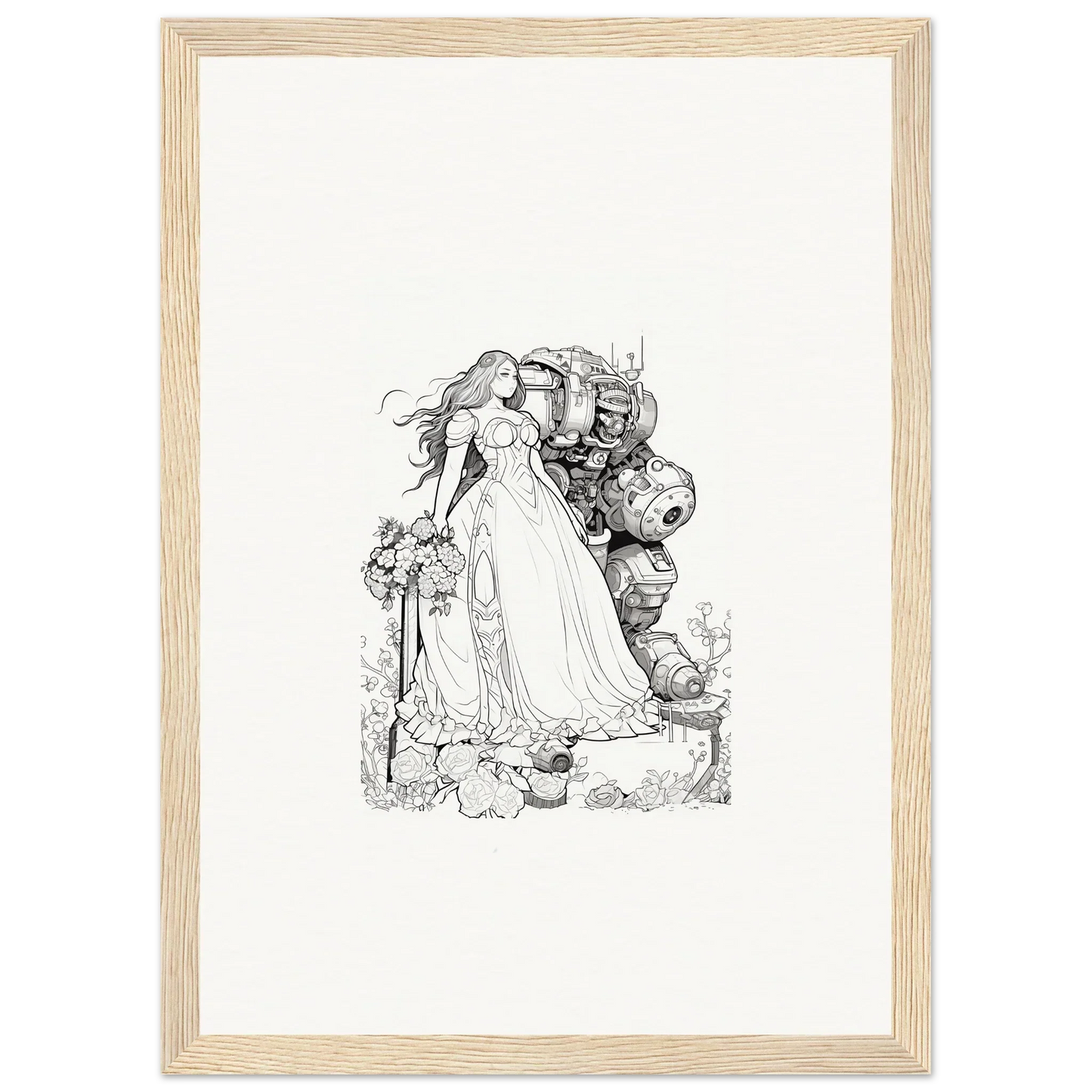 Black and white sketch of a woman in a flowing dress with mythical creatures for wall art