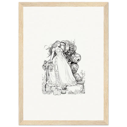 Black and white sketch of a woman in a flowing dress with mythical creatures for wall art