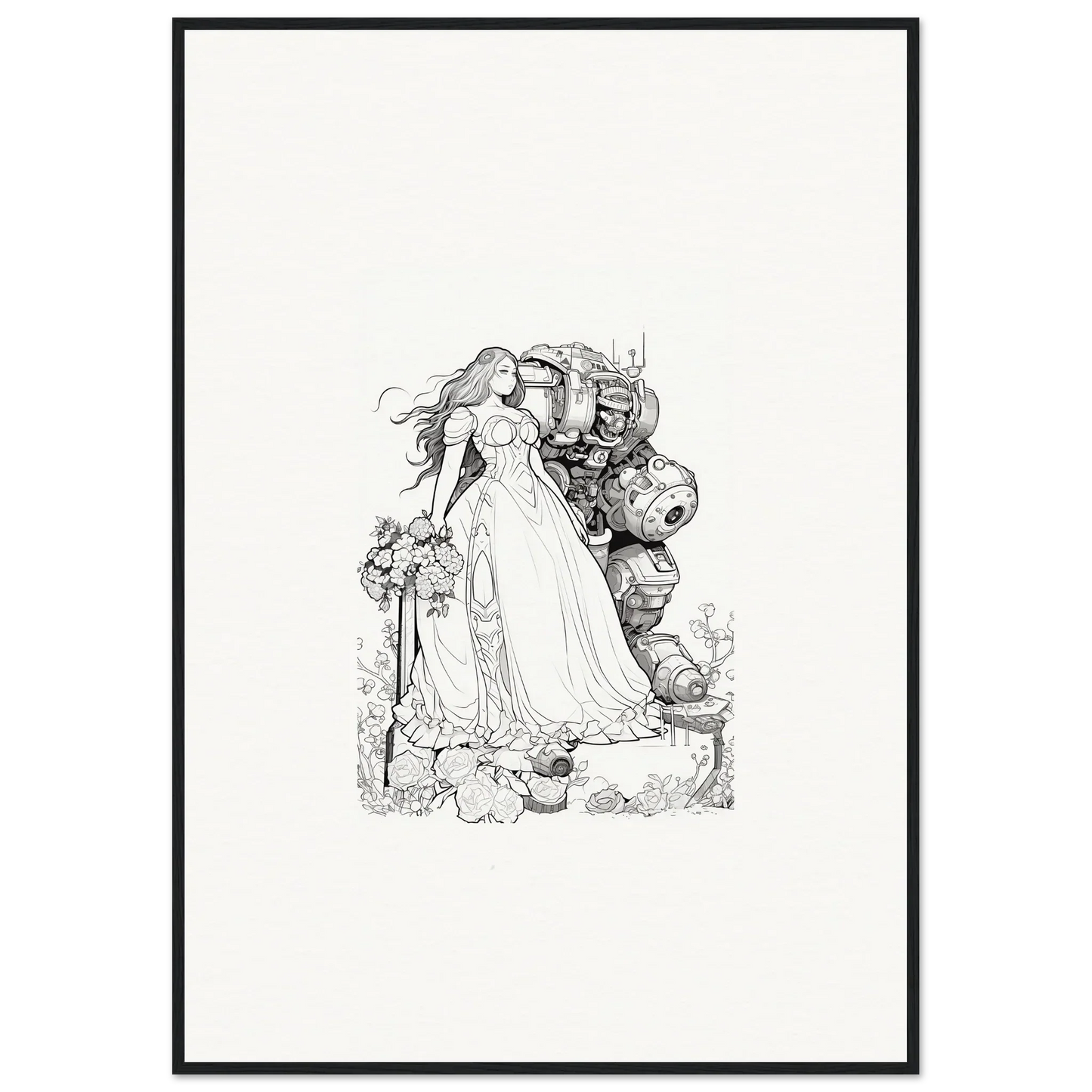 Intricate black and white sketch of a fairy-tale princess for framed wall art