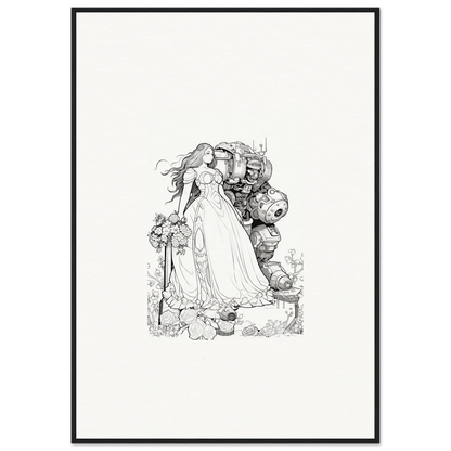 Intricate black and white sketch of a fairy-tale princess for framed wall art