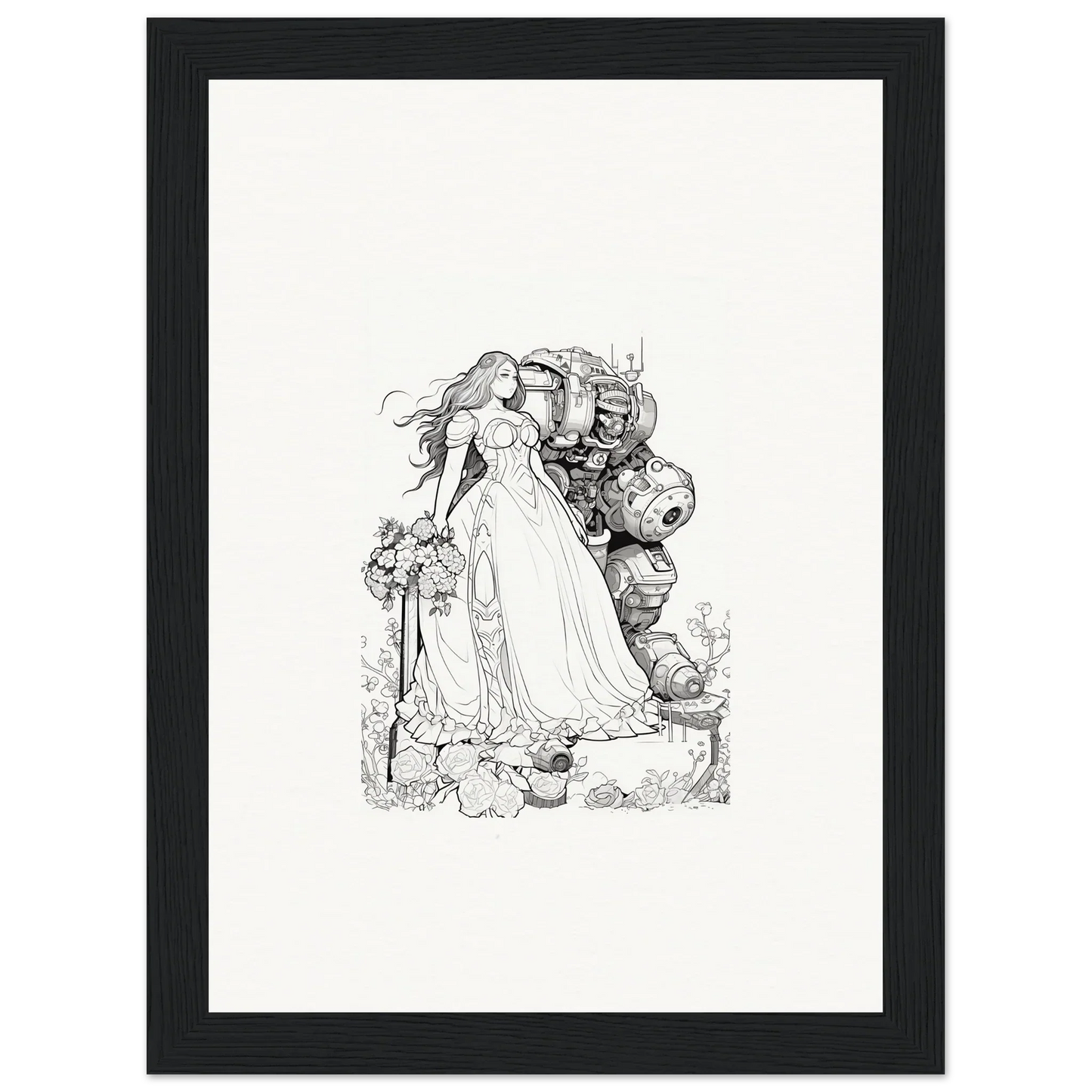 Black and white fairy tale scene illustration for framed wall art or canvas prints