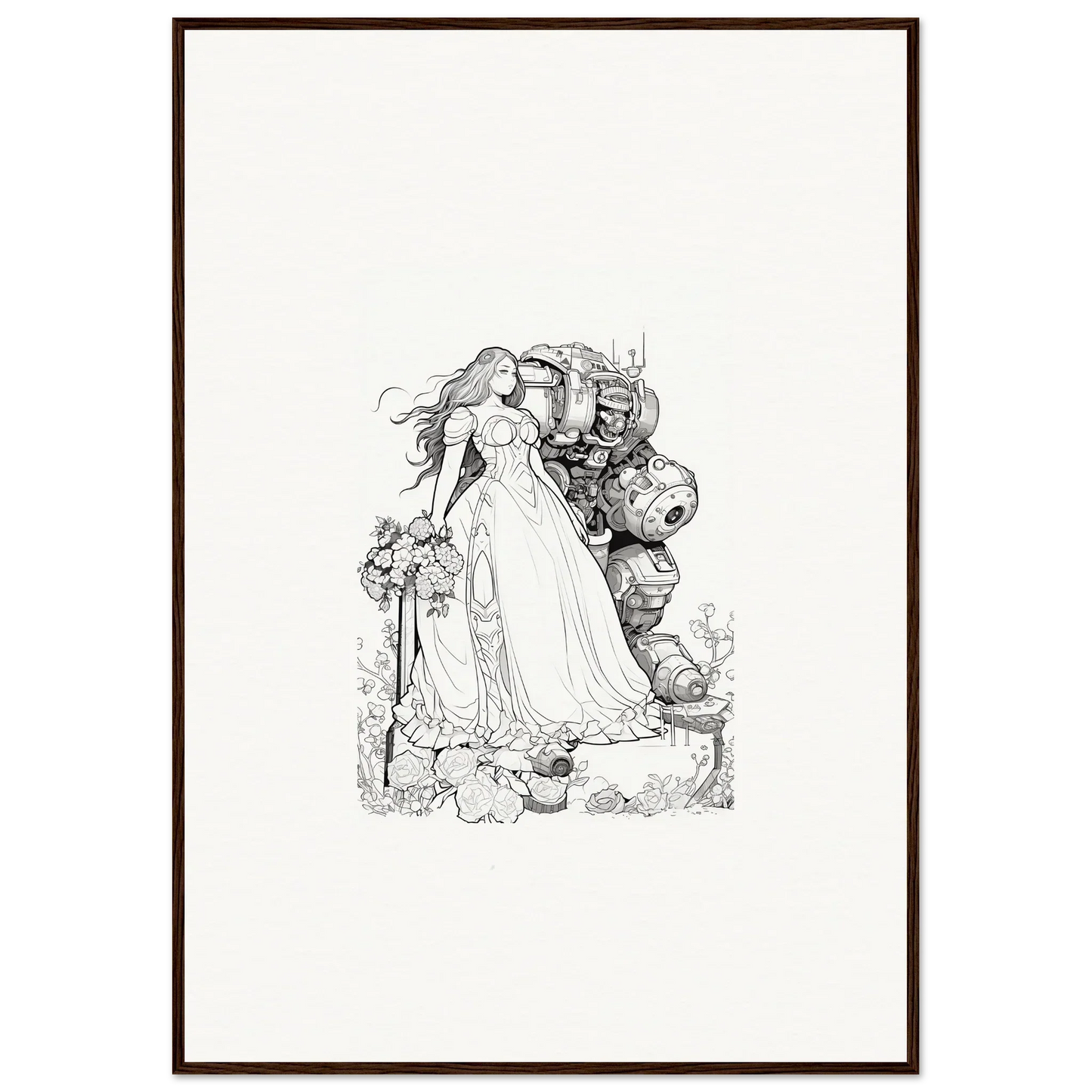 Intricate black and white fairy-tale princess sketch for framed wall art and room decor