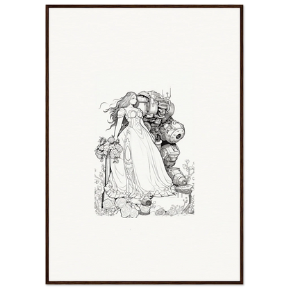 Intricate black and white fairy-tale princess sketch for framed wall art and room decor