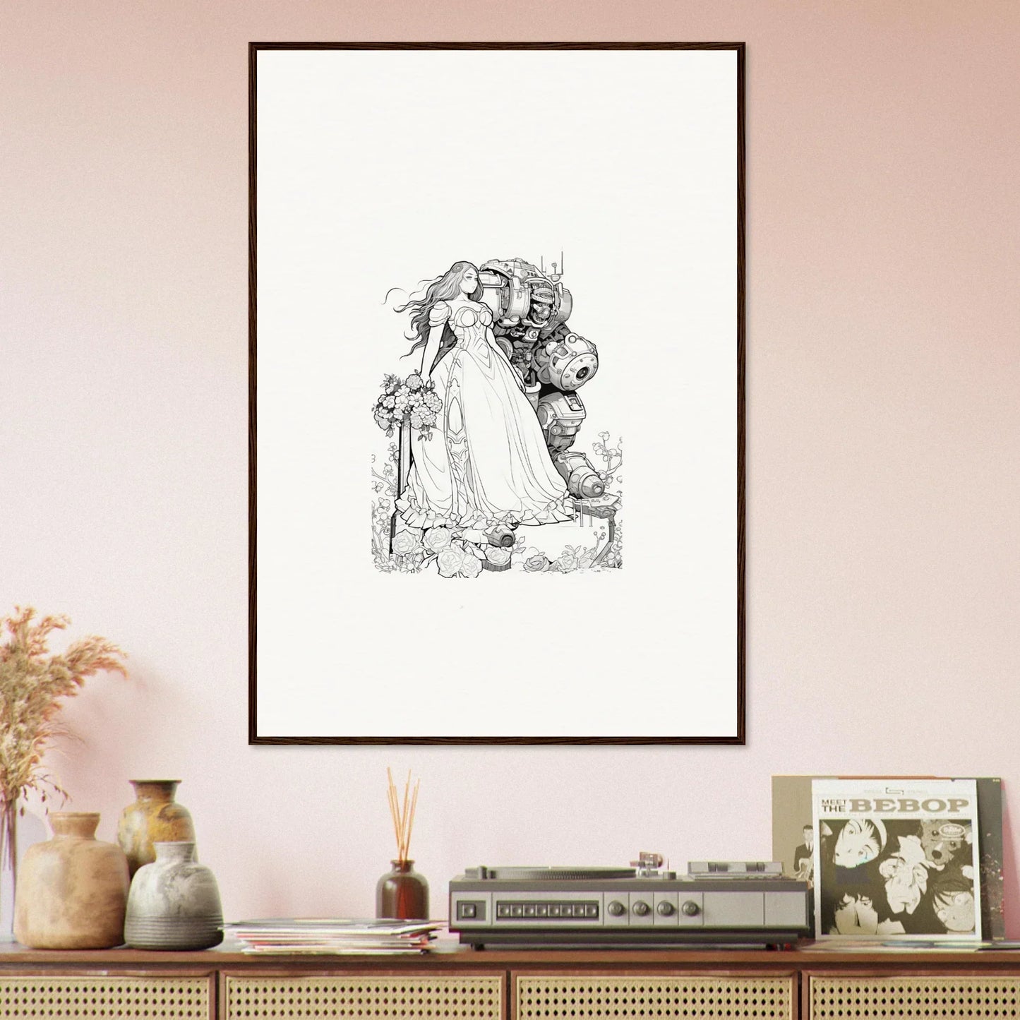 Framed wall art sketch of a woman in a flowing dress - elegant room decor