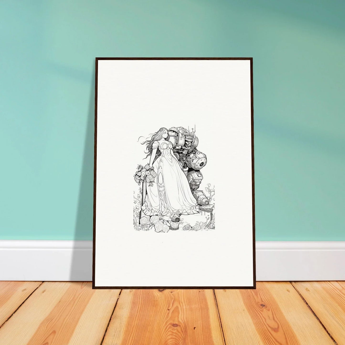 Framed black and white sketch of two embracing figures for elegant room decor