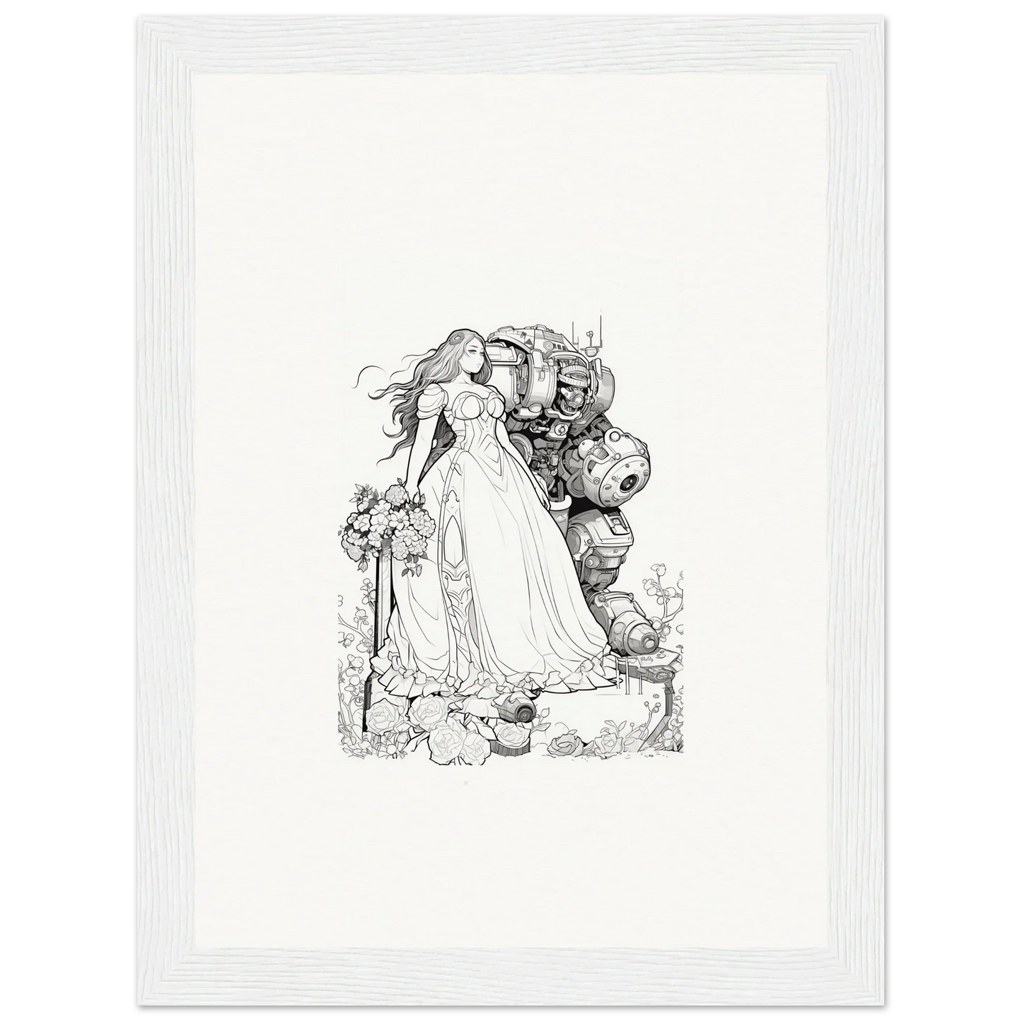 Intricate black and white sketch of a woman in a gown for room decor or framed wall art