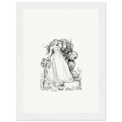 Intricate black and white sketch of a woman in a gown for room decor or framed wall art