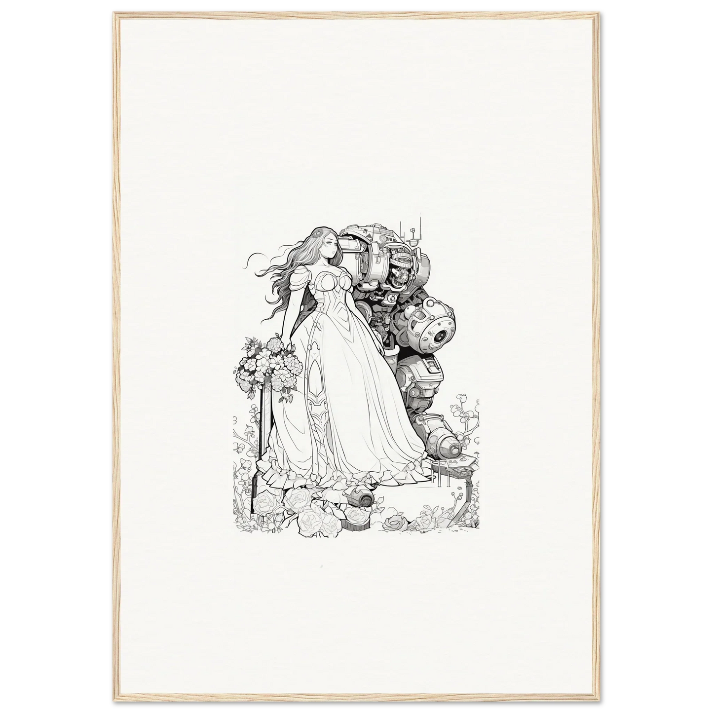 Intricate black and white sketch of a princess for whimsical room decor or canvas prints