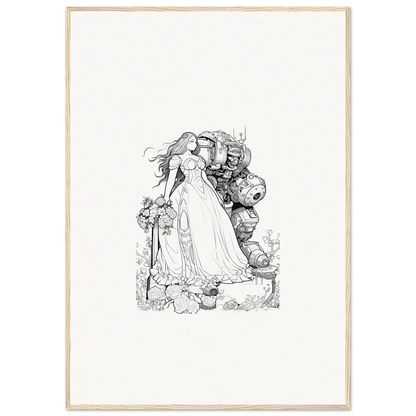 Intricate black and white sketch of a princess for whimsical room decor or canvas prints