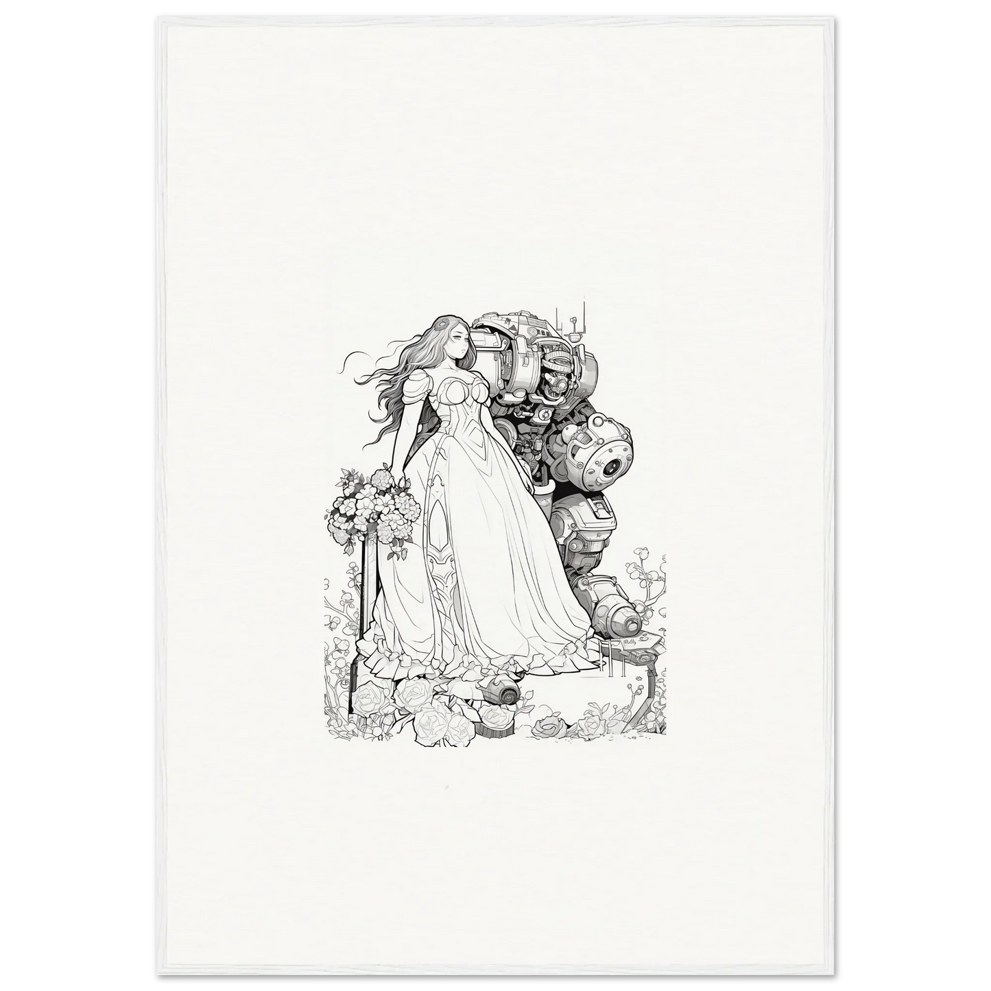 Intricate black and white sketch of a woman in gown with fantastical creatures for room decor