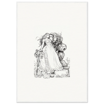 Intricate black and white sketch of a woman in gown with fantastical creatures for room decor