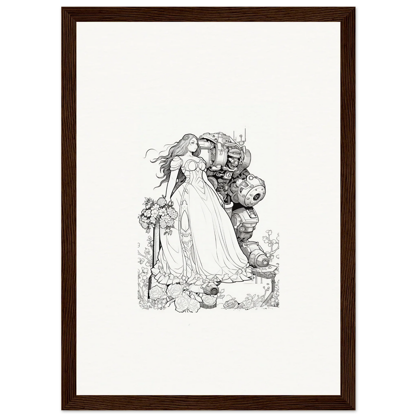 Black and white sketch of a princess for enchanting room decor or framed wall art