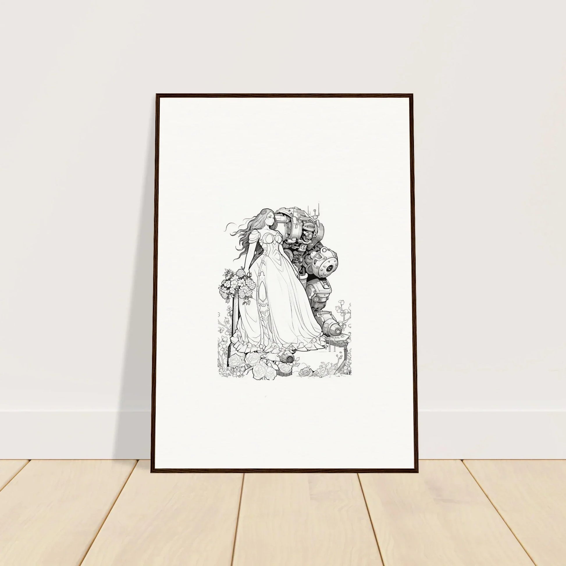 Framed black and white sketch of ethereal figures for unique room decor and wall art