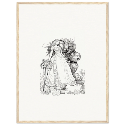 Black and white sketch of a woman in a gown and knight, perfect for room decor