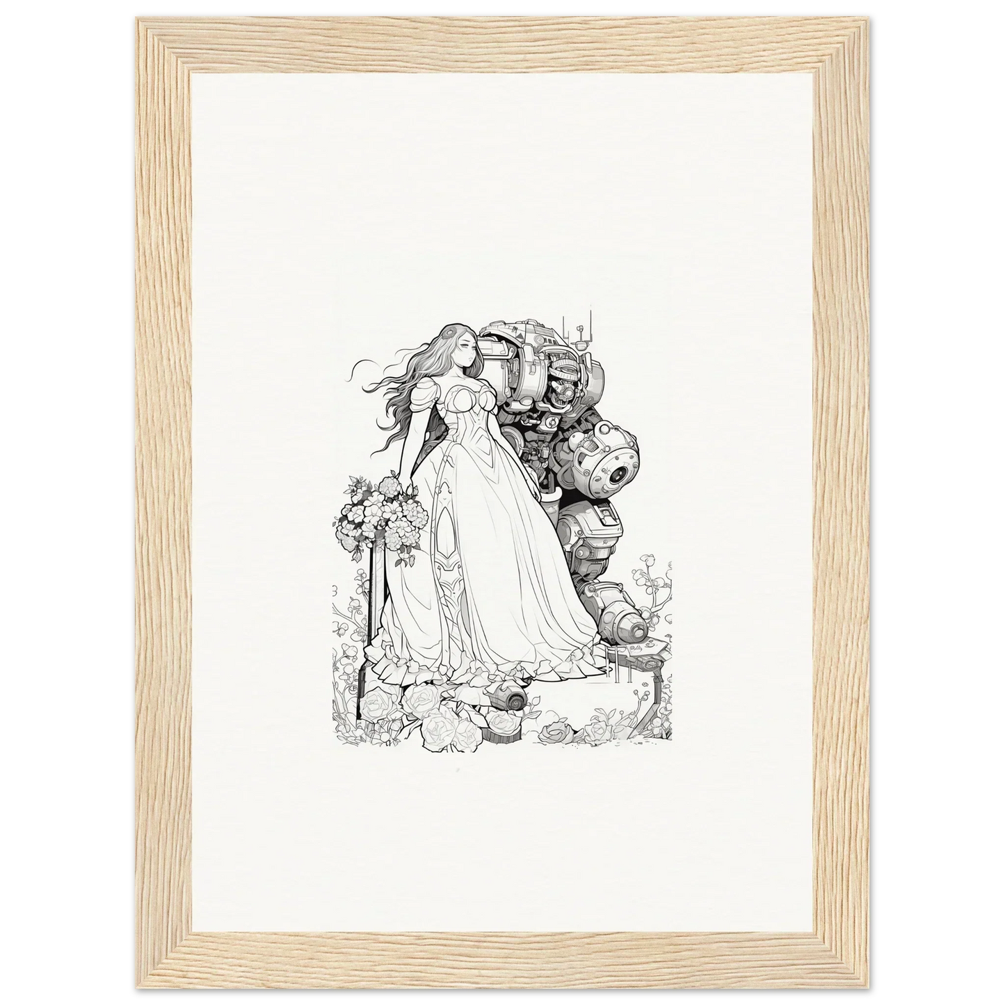 Black and white sketch of a fairy tale princess with fantastical creatures for room decor