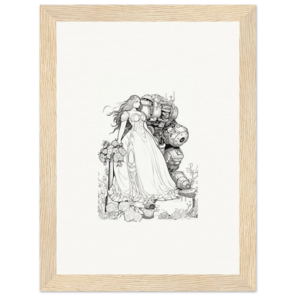 Black and white sketch of a fairy tale princess with fantastical creatures for room decor