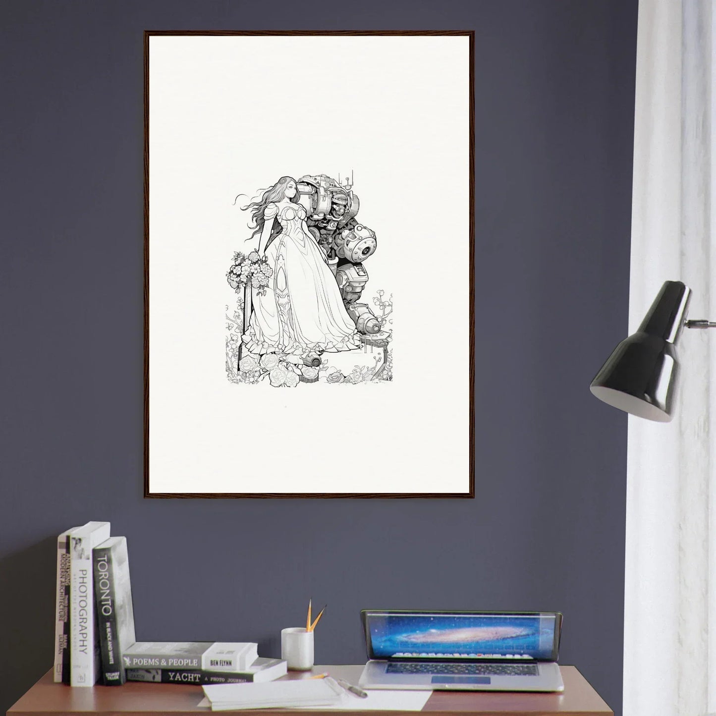 Framed black and white sketch of a girl with a creature for unique room decor