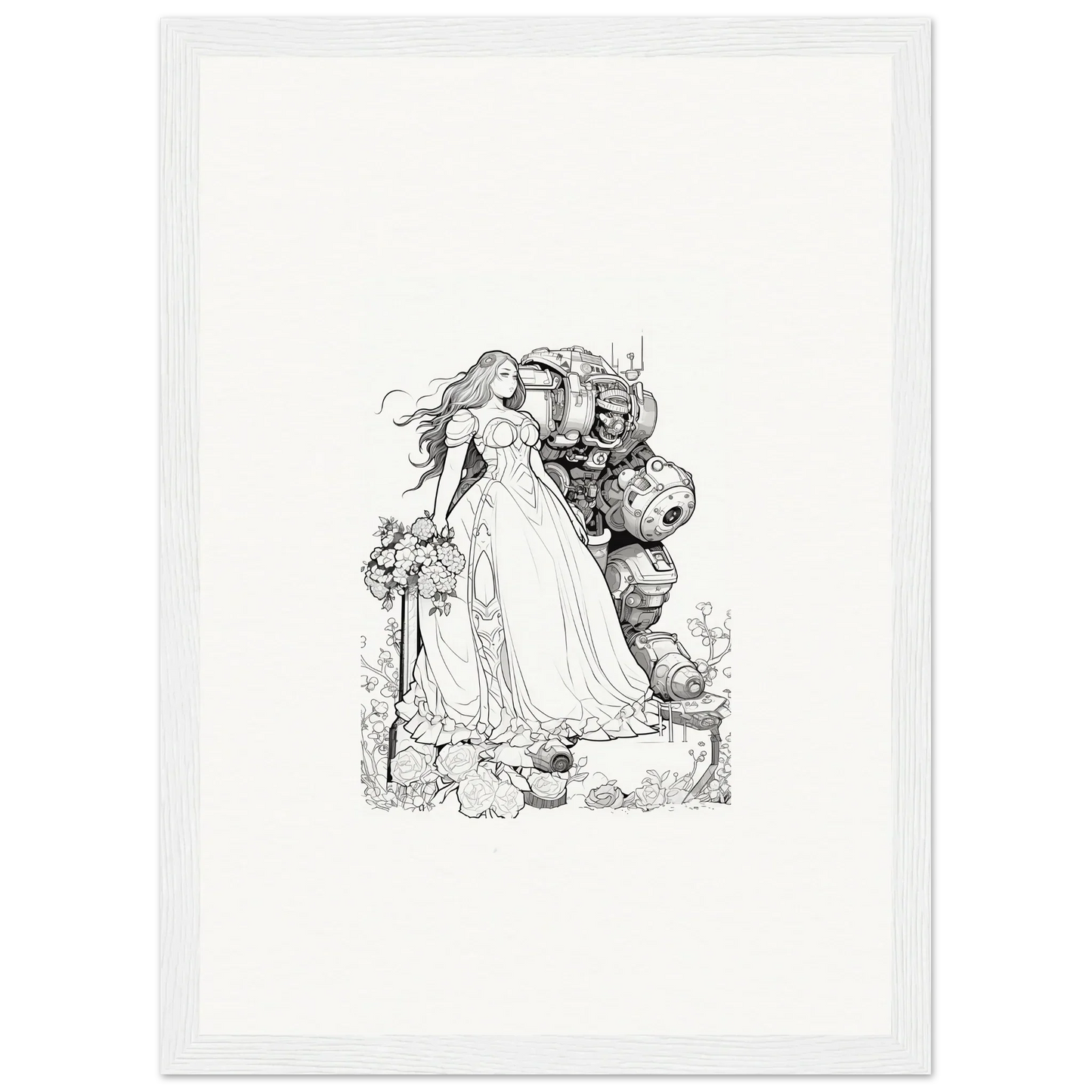 Intricate black and white illustration of a fairy-tale princess for room decor