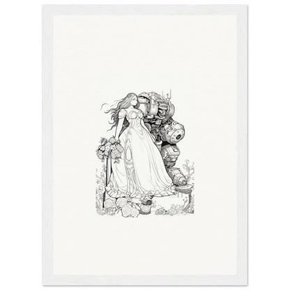 Intricate black and white illustration of a fairy-tale princess for room decor