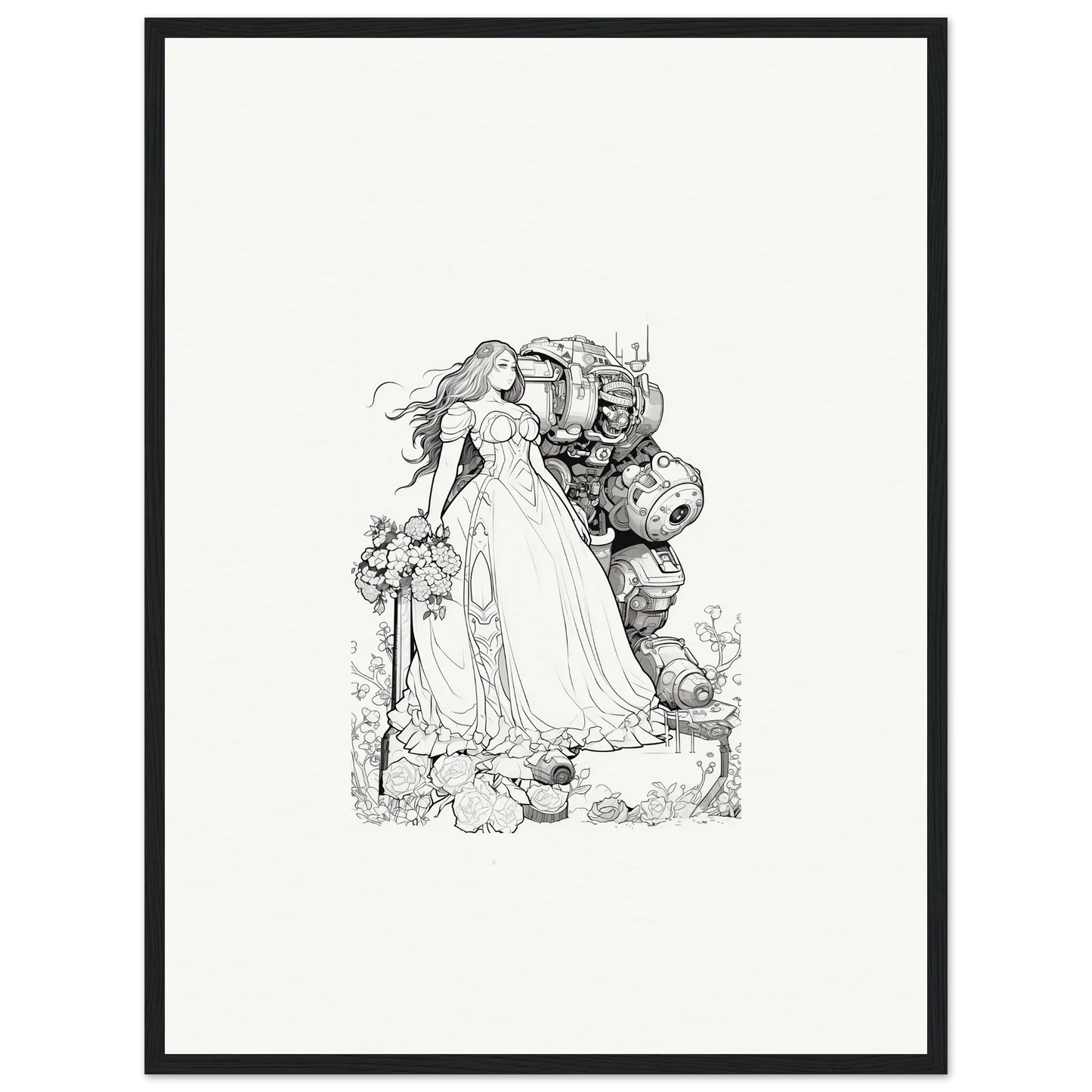 Black and white sketch of a woman in gown and knight, ideal for room decor or canvas prints