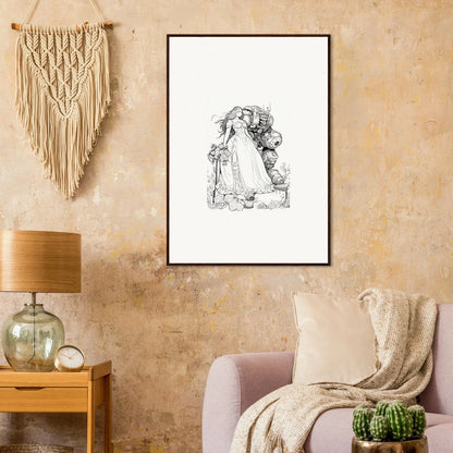 Framed black and white sketch of a flowing figure, ideal for elegant room decor