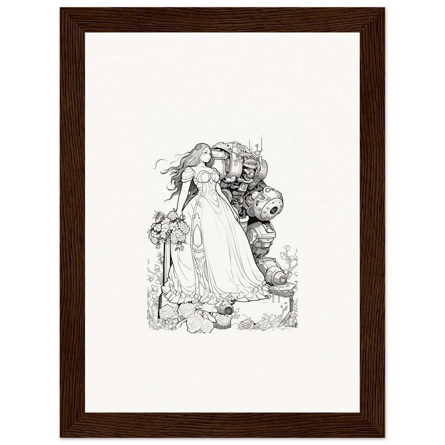 Black and white sketch of a fairy tale scene for framed wall art or room decor