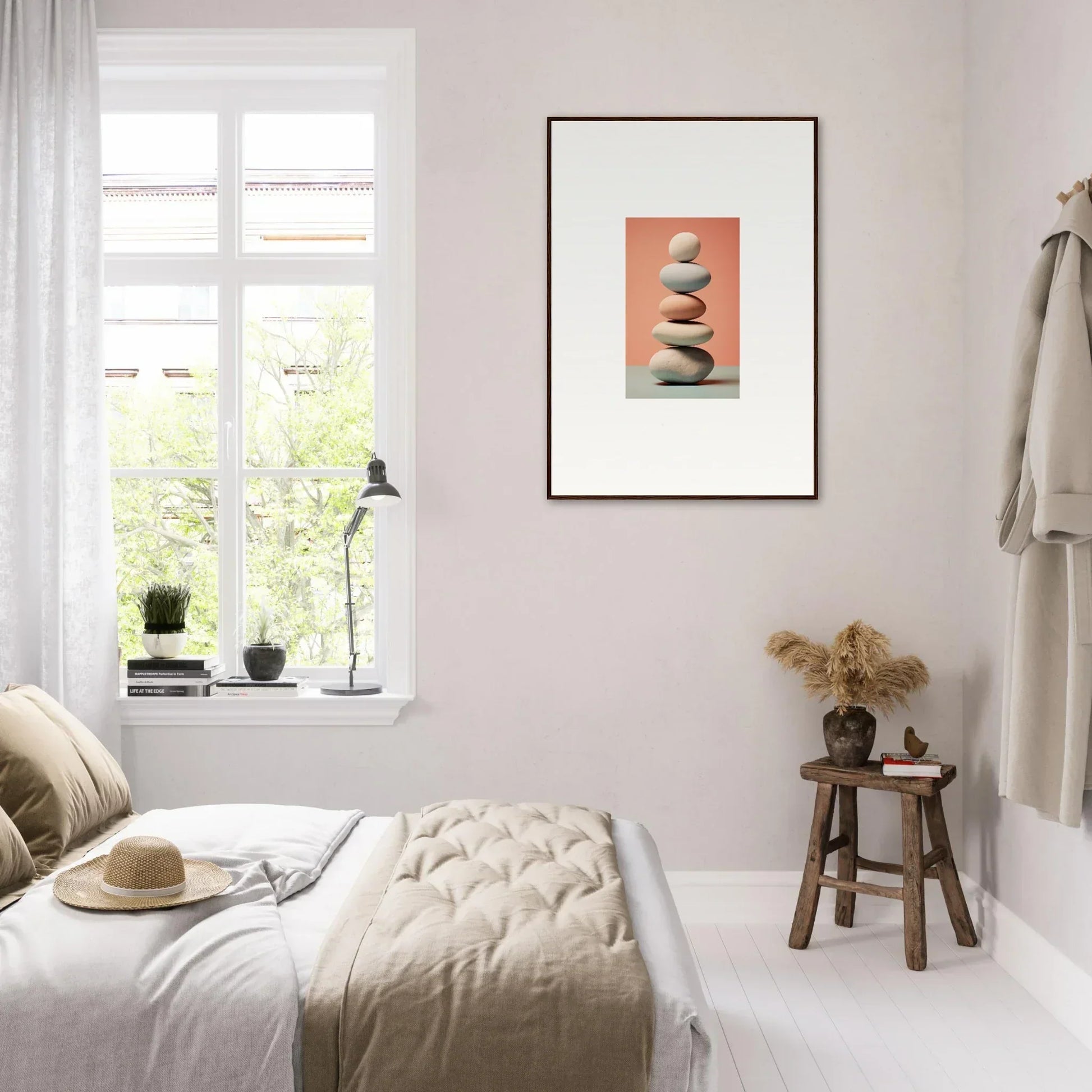 Serene bedroom with minimalist decor and neutral tones featuring Marble Sands canvas print