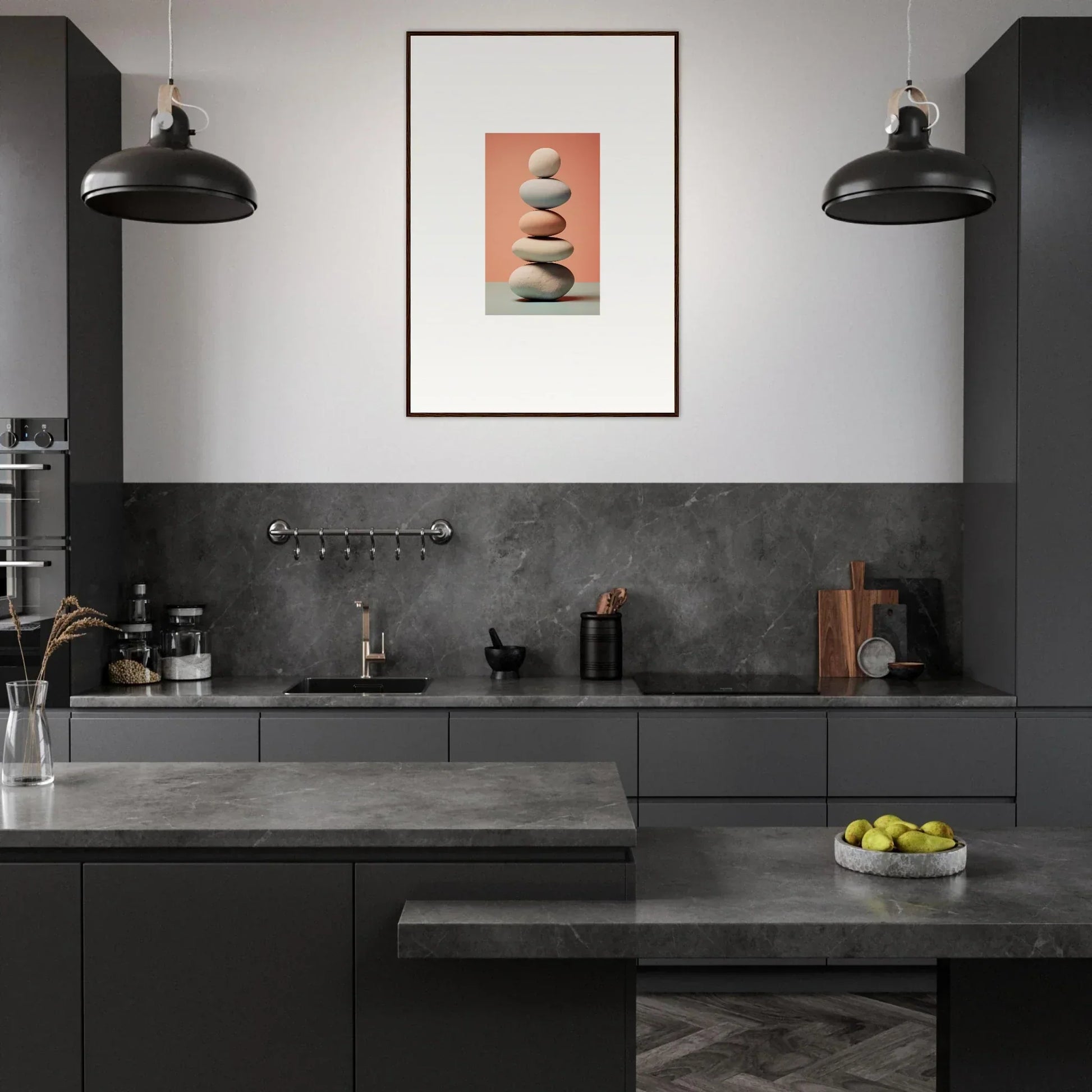 Modern kitchen with dark gray cabinetry and minimalist canvas print of marble sands