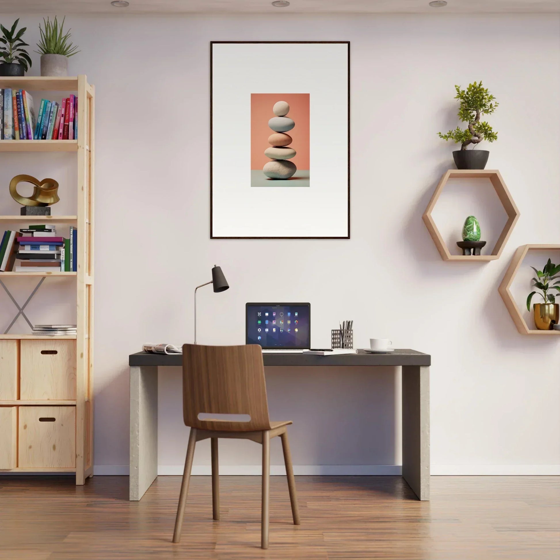 Home office workspace featuring marble sands decor and a stylish canvas print