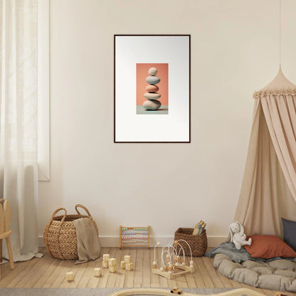 Framed canvas print of balanced stones, perfect for marble sands room decoration