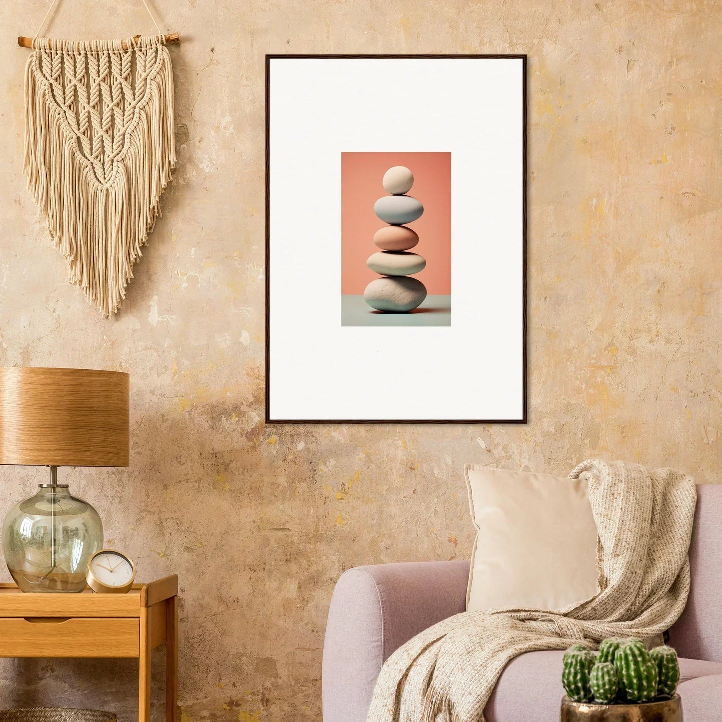 Framed canvas print of balanced stones on pink, perfect for marble sands room decoration