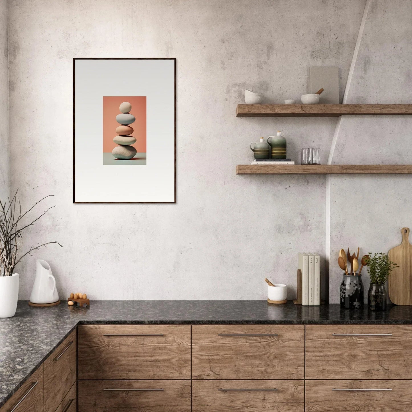 Modern kitchen with wooden cabinets and open shelving, perfect for marble sands room decoration