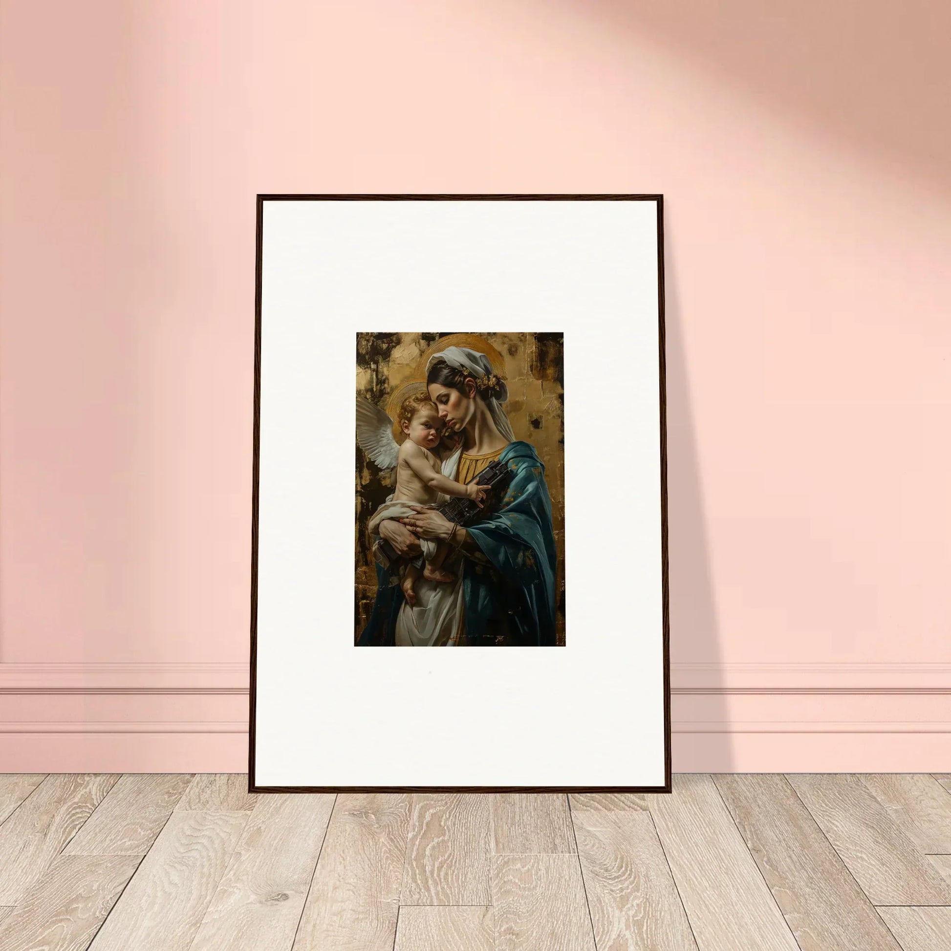 Framed wall art of a figure holding a child, perfect for metallic lullabies room decor