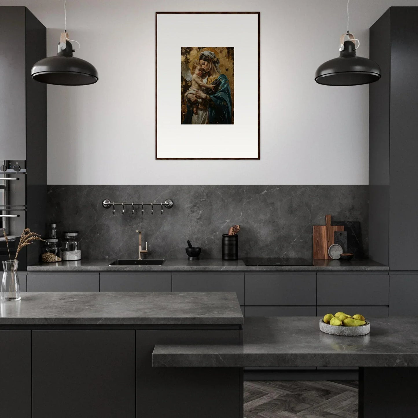 Modern kitchen with dark cabinetry and framed wall art, enhancing room decor with metallic lullabies