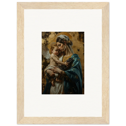 Framed wall art of a woman in blue robes with a baby for serene room decor