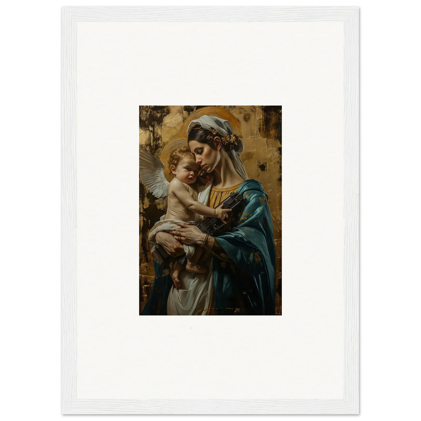 Framed wall art of a woman cradling a baby, perfect for room decor in Metallic Lullabies