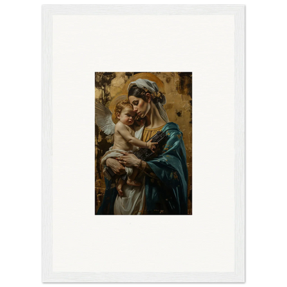 Framed wall art of a woman cradling a baby, perfect for room decor in Metallic Lullabies