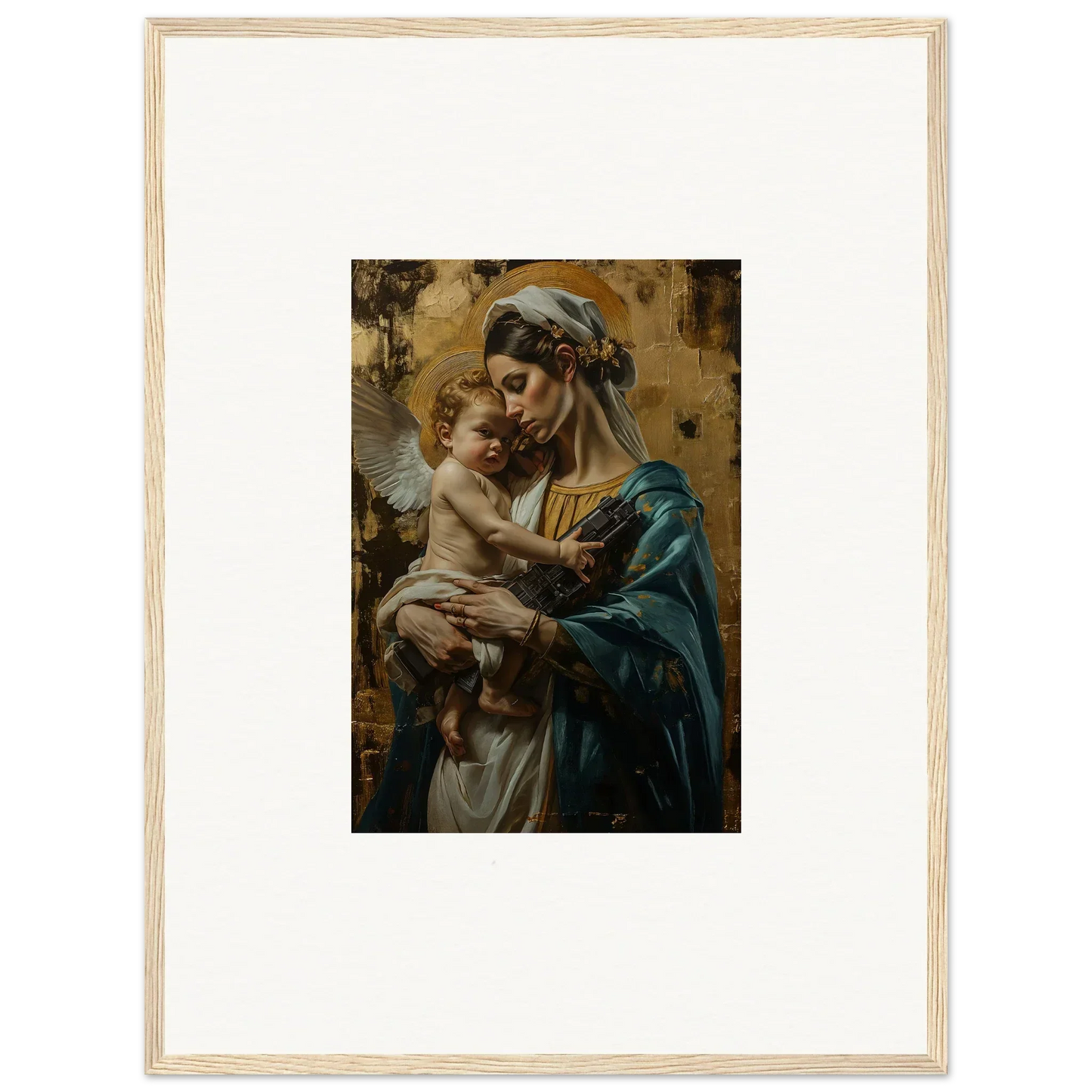 Framed wall art of a woman in blue robes with a cherubic child, perfect for room decor