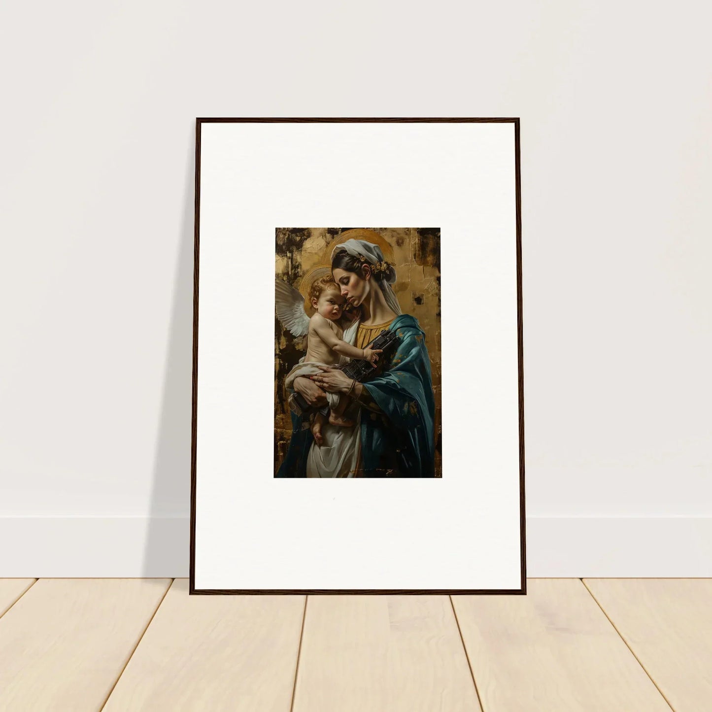 Framed wall art of a woman holding a baby, perfect for metallic lullabies room decor