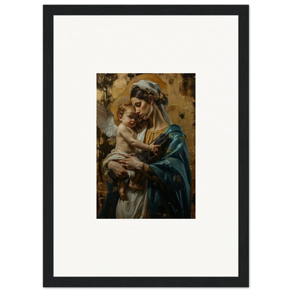 Framed wall art featuring a woman in blue robes with a baby, perfect for room decor