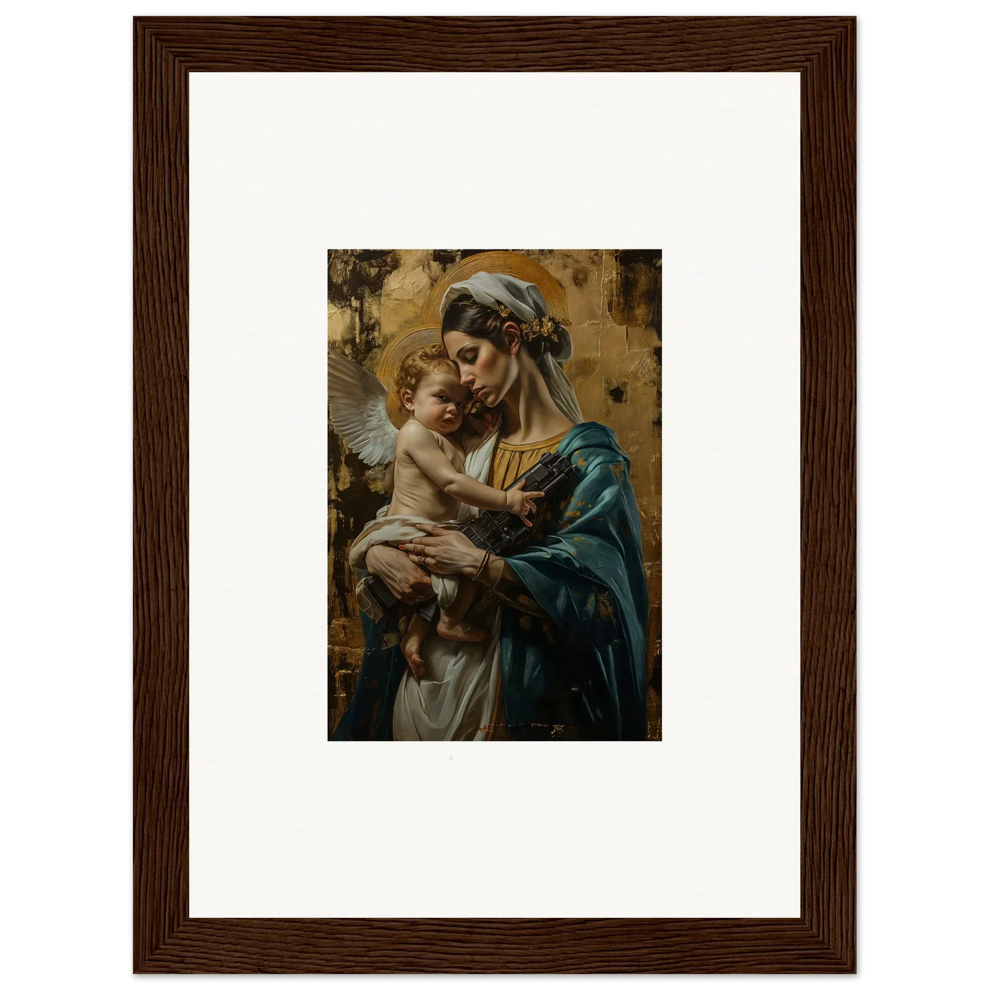 Framed wall art of woman with baby, capturing metallic lullabies for elegant room decor