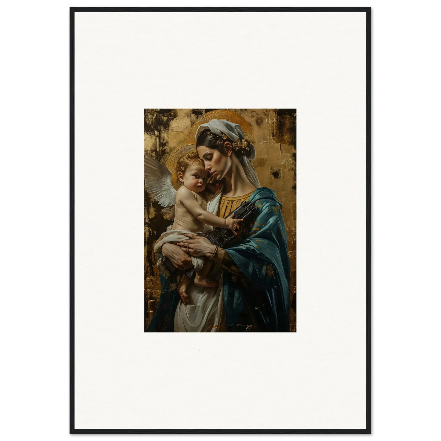 Framed wall art of a woman and baby, inspired by Madonna and Child, metallic lullabies