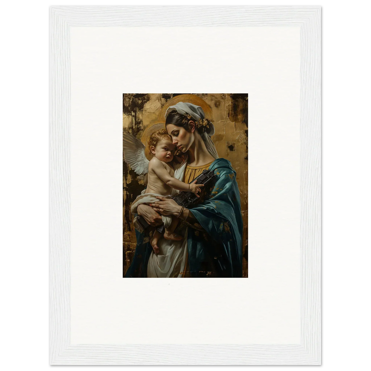 Painting of a woman in blue robes with a baby, elegant metallic lullabies wall art