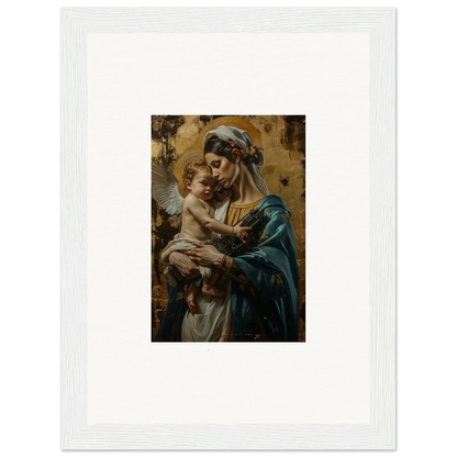 Painting of a woman in blue robes with a baby, elegant metallic lullabies wall art