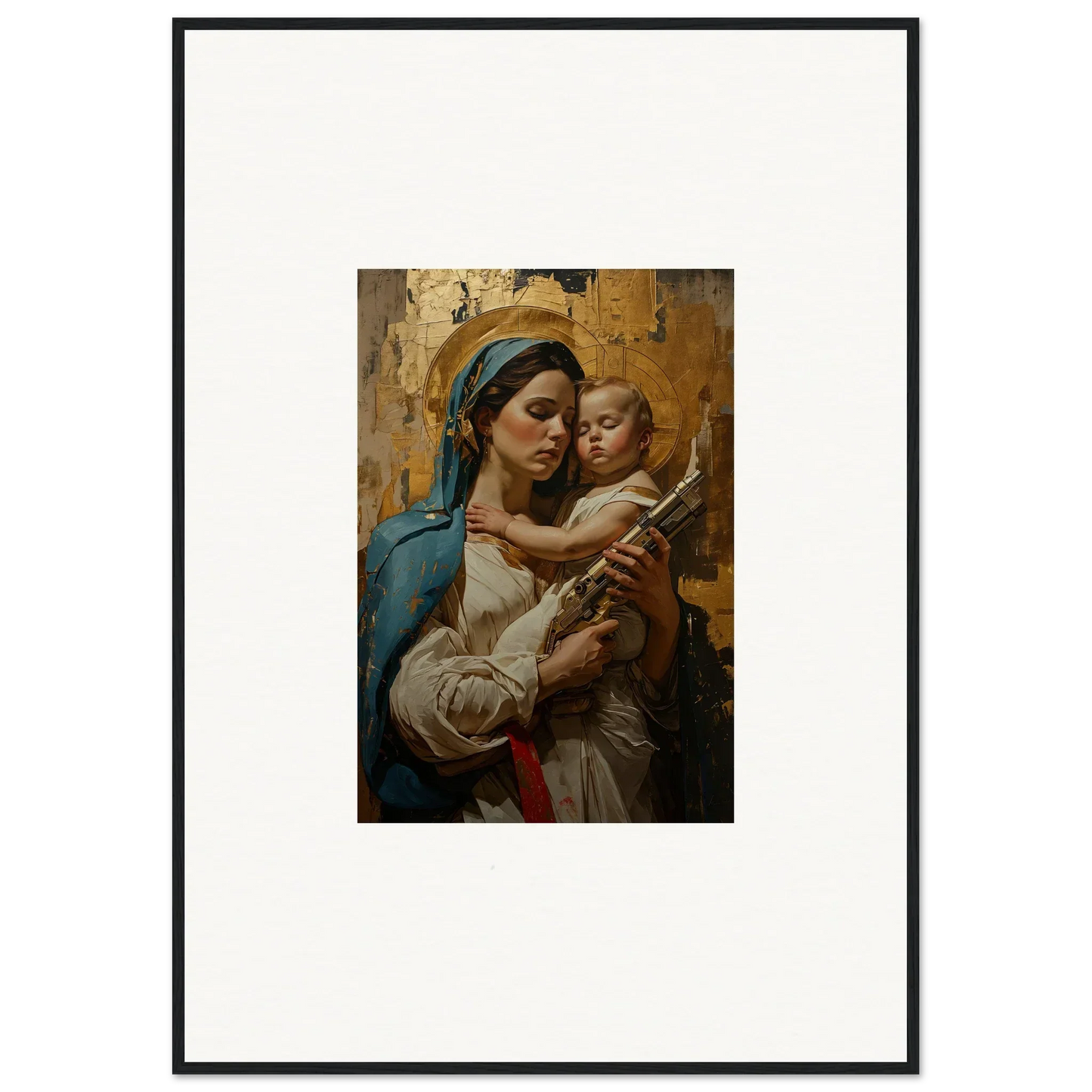 Framed wall art of a woman holding a baby with a golden background for stylish room decor