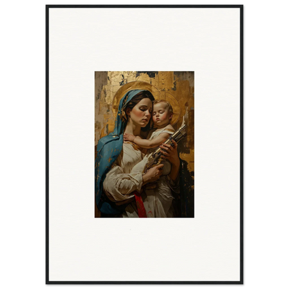 Framed wall art of a woman holding a baby with a golden background for stylish room decor